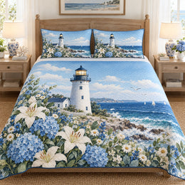 Lighthouse, Hydrangea and Lily Quilt Set, Cozy Bedroom Bedding, Gift for Coastal Decor Fans