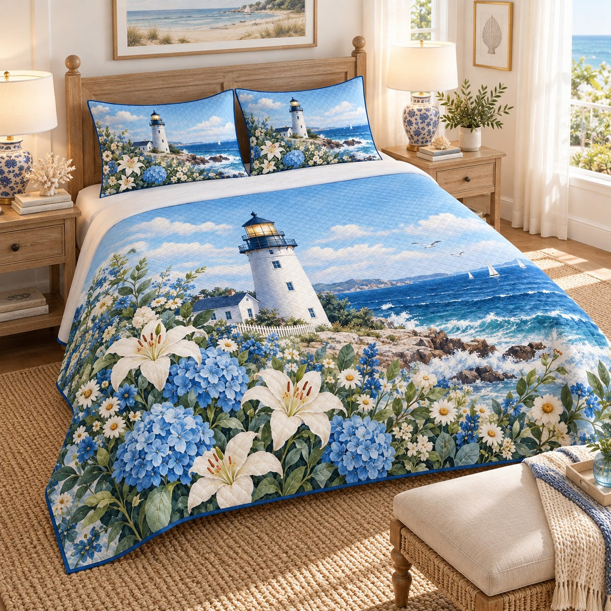 Lighthouse, Hydrangea and Lily quilt set, view 2, AI mockup