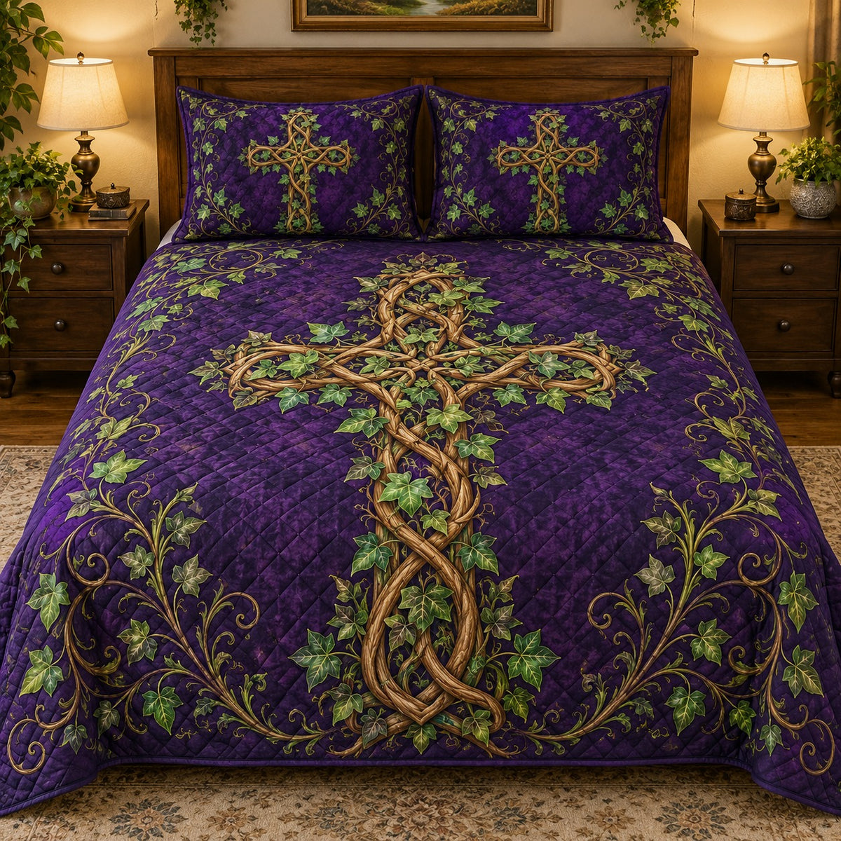 Purple Ivy Cross quilt set, view 1, AI mockup