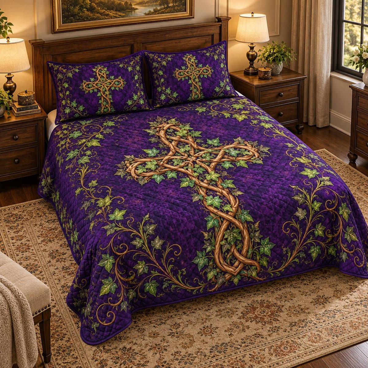 Purple Ivy Cross quilt set, view 2, AI mockup