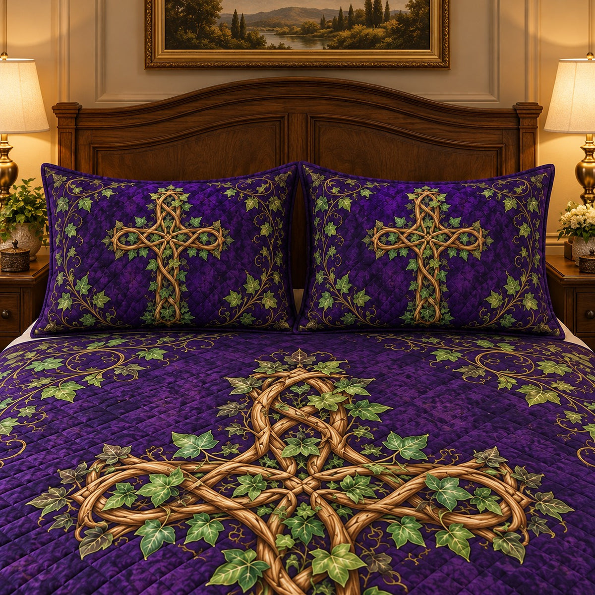 Purple Ivy Cross quilt set, view 3, AI mockup