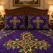 Purple Ivy Cross quilt set, view 3, AI mockup
