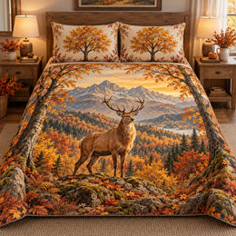 Autumn Deer Mountain Quilt Set, Cozy Bedroom Bedding, Gift for Deer Lovers