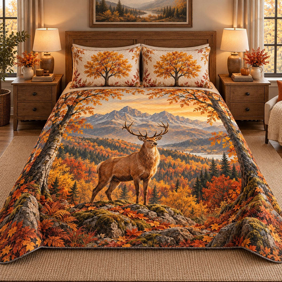 Autumn Deer Mountain quilt set, view 2, AI mockup
