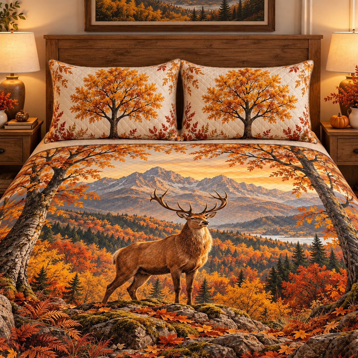 Autumn Deer Mountain quilt set, view 3, AI mockup