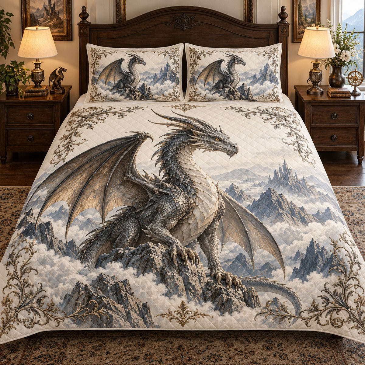 Silver Dragon Mountain Fantasy quilt set, view 1, AI mockup