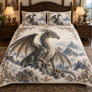 Silver Dragon Mountain Fantasy quilt set, view 1, AI mockup