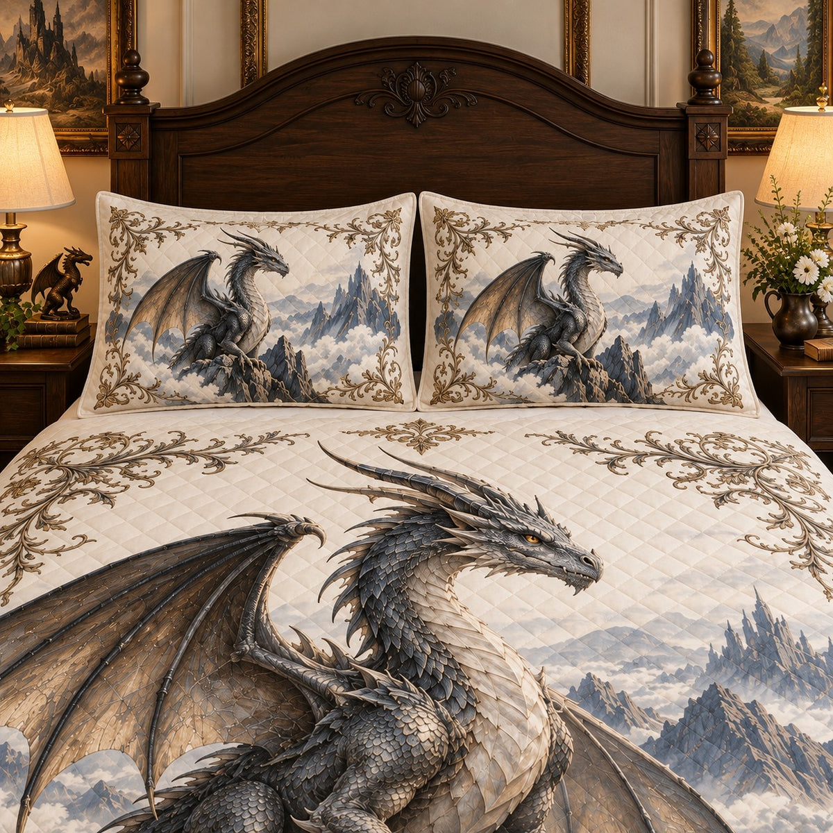Silver Dragon Mountain Fantasy quilt set, view 2, AI mockup