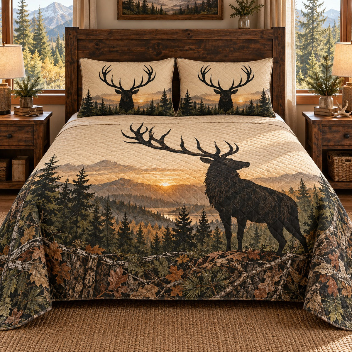 Elk Silhouette Mountain Forest quilt set, view 1, AI mockup