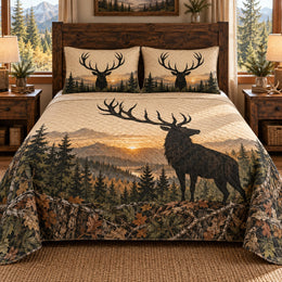Elk Silhouette Mountain Forest Quilt Set, Cozy Bedroom Bedding, Gift for Elk Lovers