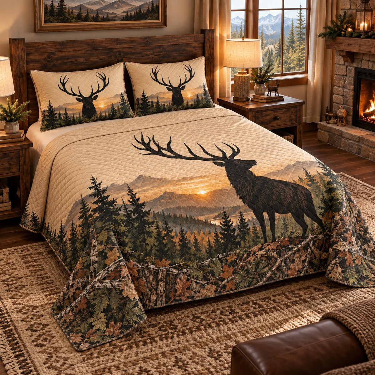 Elk Silhouette Mountain Forest quilt set, view 2, AI mockup