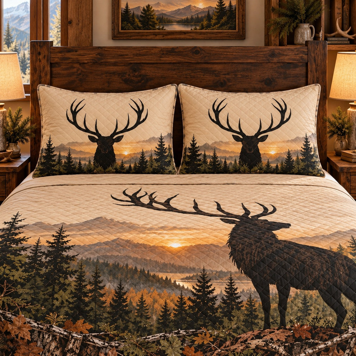 Elk Silhouette Mountain Forest quilt set, view 3, AI mockup