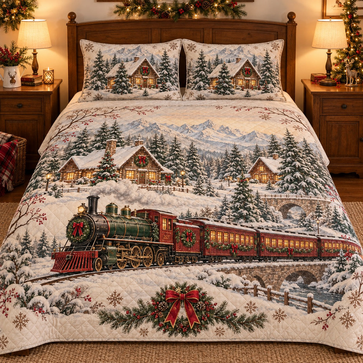 Christmas Train Snowy Village quilt set, view 1, AI mockup