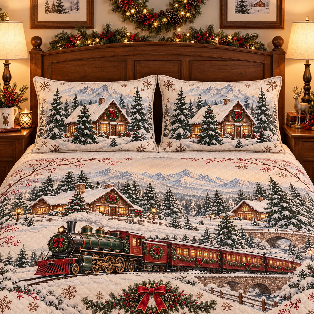 Christmas Train Snowy Village quilt set, view 3, AI mockup