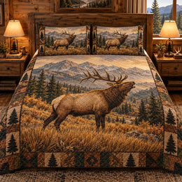 Elk Meadow Mountain Quilt Set, Cozy Bedroom Bedding, Gift for Elk Lovers
