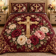 Burgundy Floral Cross Quilt Set, Cozy Bedroom Bedding, Gift for Christian Friends