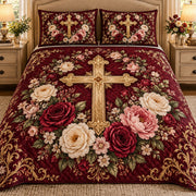 Burgundy Floral Cross quilt set, view 1, AI mockup
