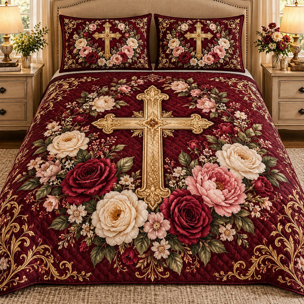 Burgundy Floral Cross quilt set, view 1, AI mockup