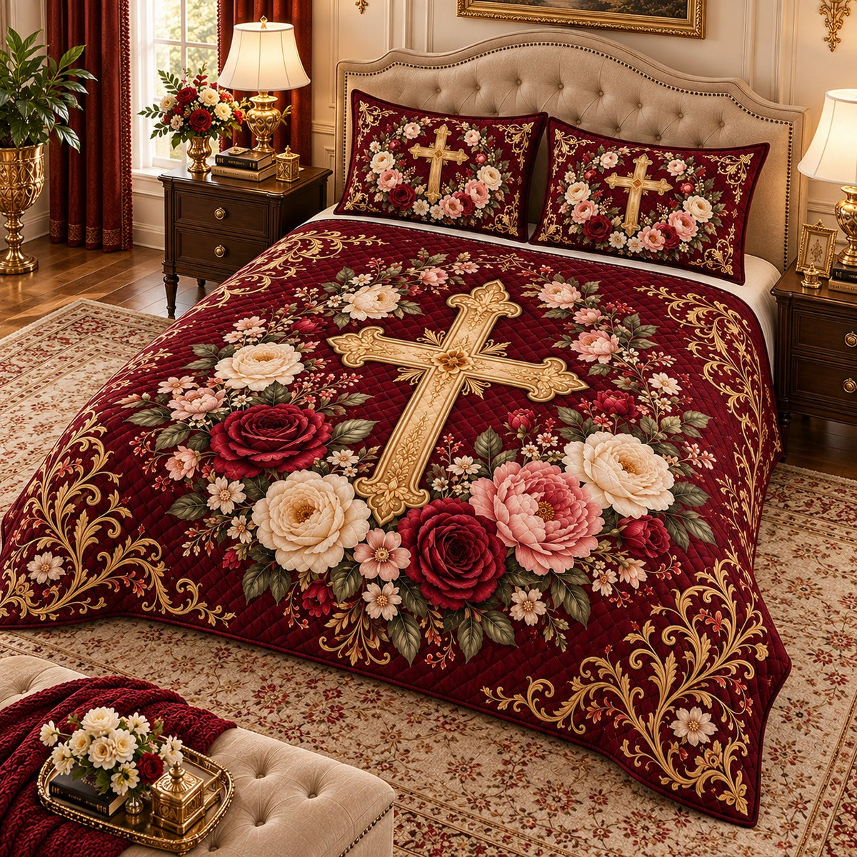 Burgundy Floral Cross quilt set, view 2, AI mockup