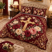 Burgundy Floral Cross quilt set, view 2, AI mockup