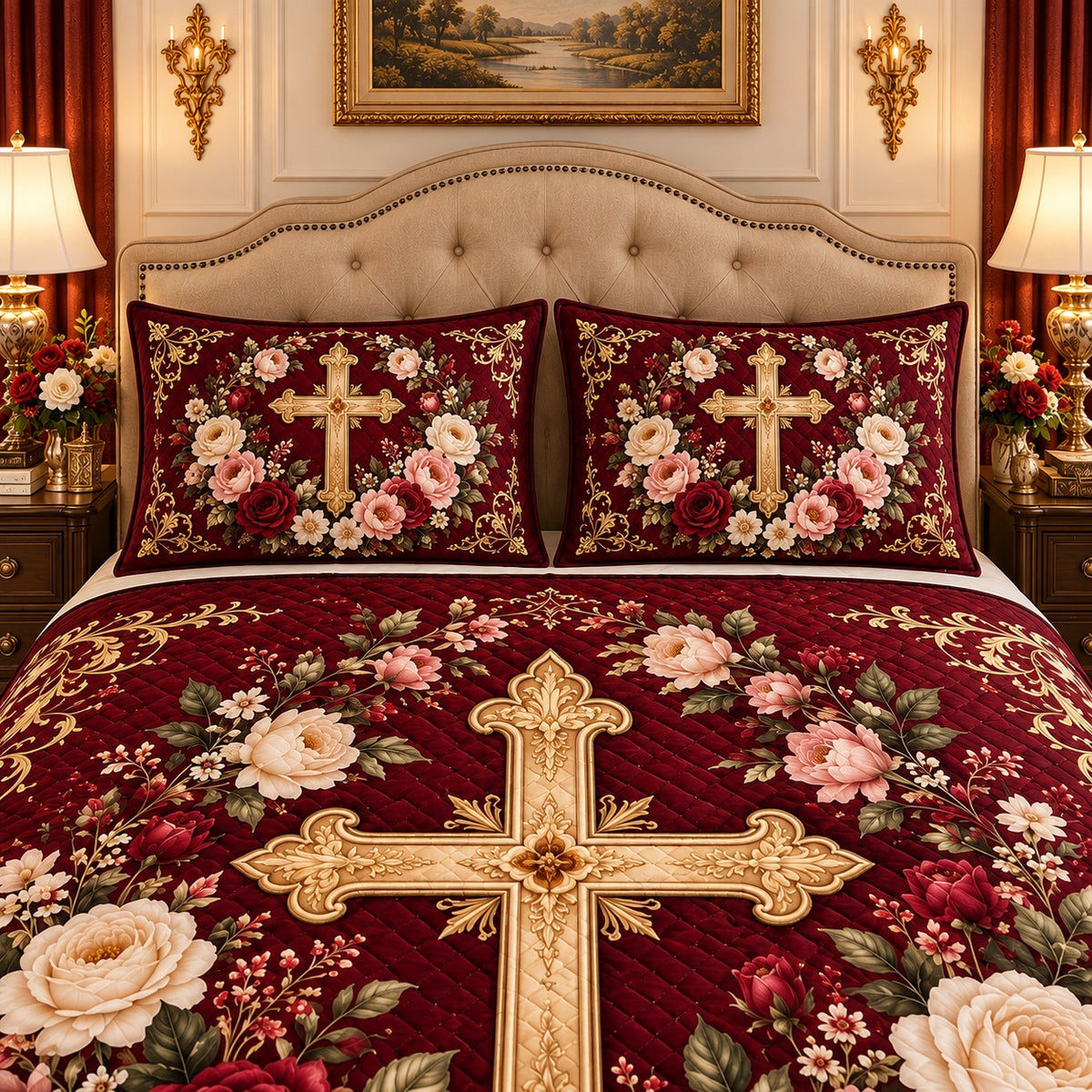 Burgundy Floral Cross quilt set, view 3, AI mockup