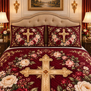 Burgundy Floral Cross quilt set, view 3, AI mockup