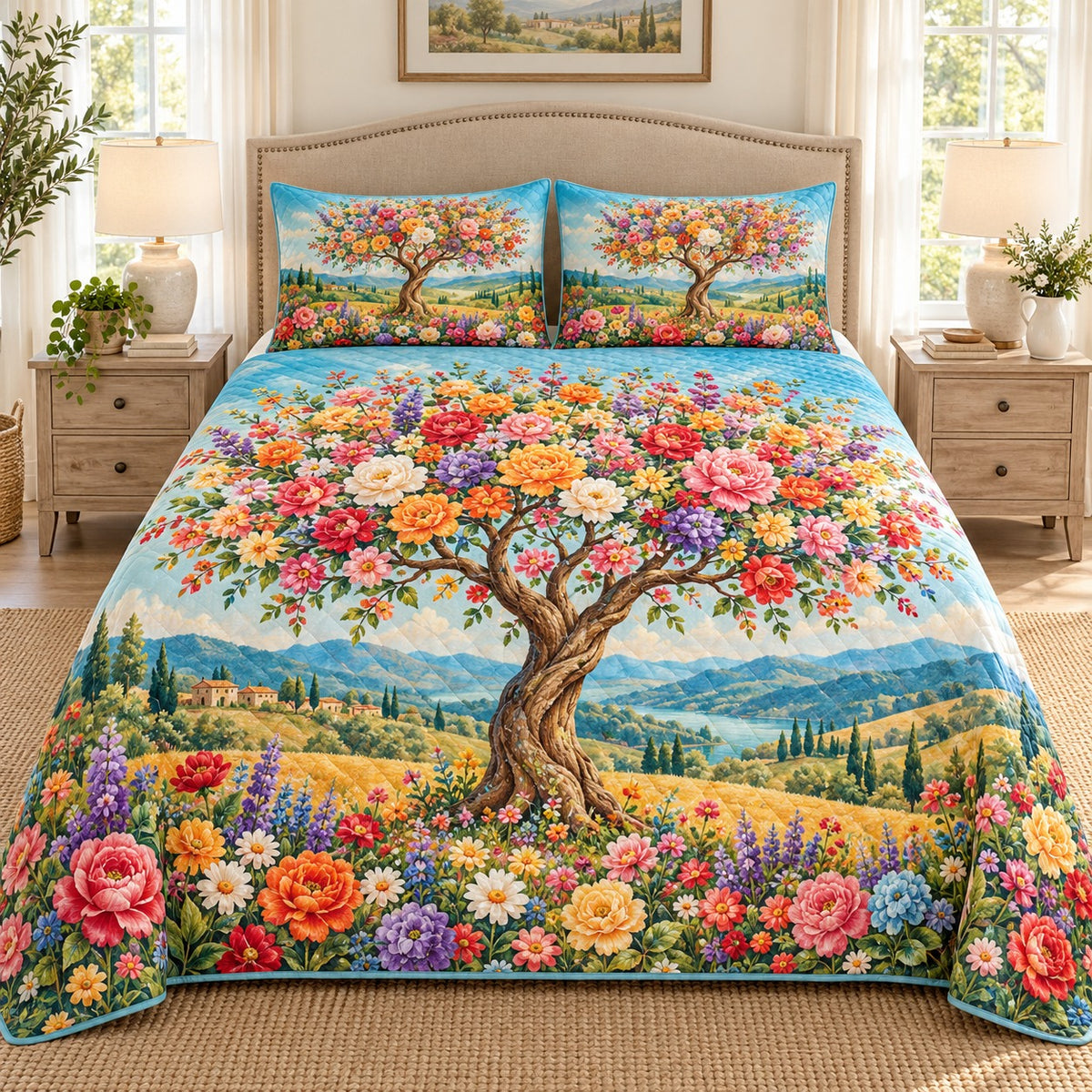 Flowering Tree Meadow quilt set, view 1, AI mockup