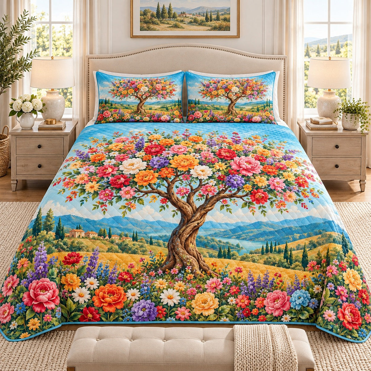 Flowering Tree Meadow quilt set, view 2, AI mockup