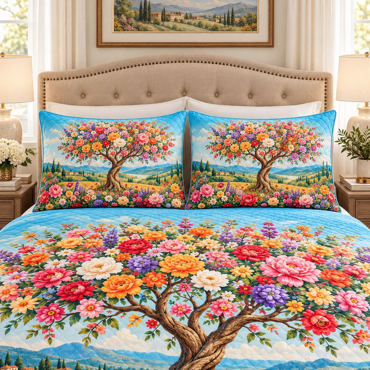 Flowering Tree Meadow quilt set, view 3, AI mockup