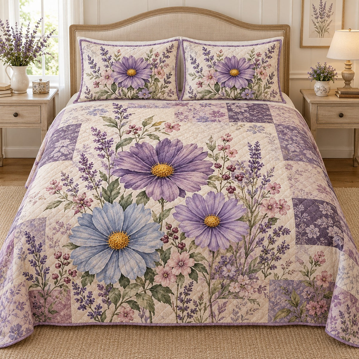 Lavender Aster Floral Patchwork quilt set, view 1, AI mockup