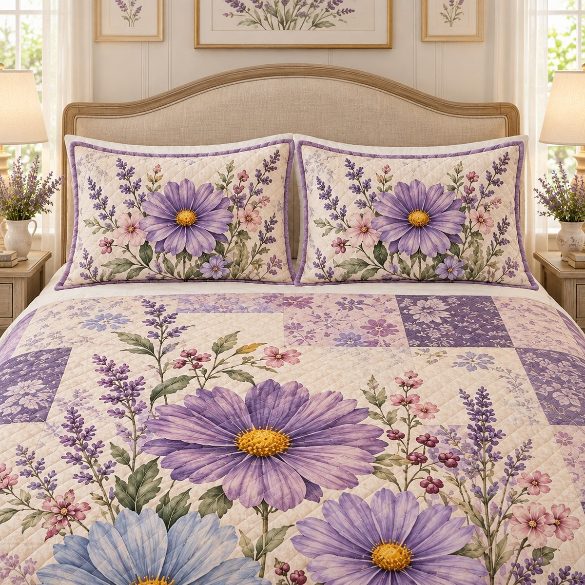 Lavender Aster Floral Patchwork quilt set, view 3, AI mockup