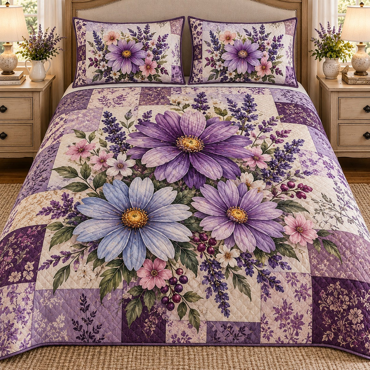 Purple Aster Lavender Patchwork quilt set, view 1, AI mockup