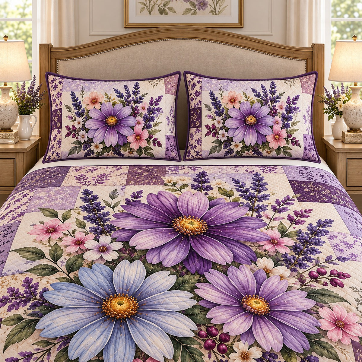 Purple Aster Lavender Patchwork quilt set, view 3, AI mockup