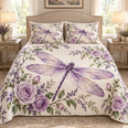 Purple Dragonfly and Roses Quilt Set, Cozy Bedroom Bedding, Gift for Dragonfly Lovers