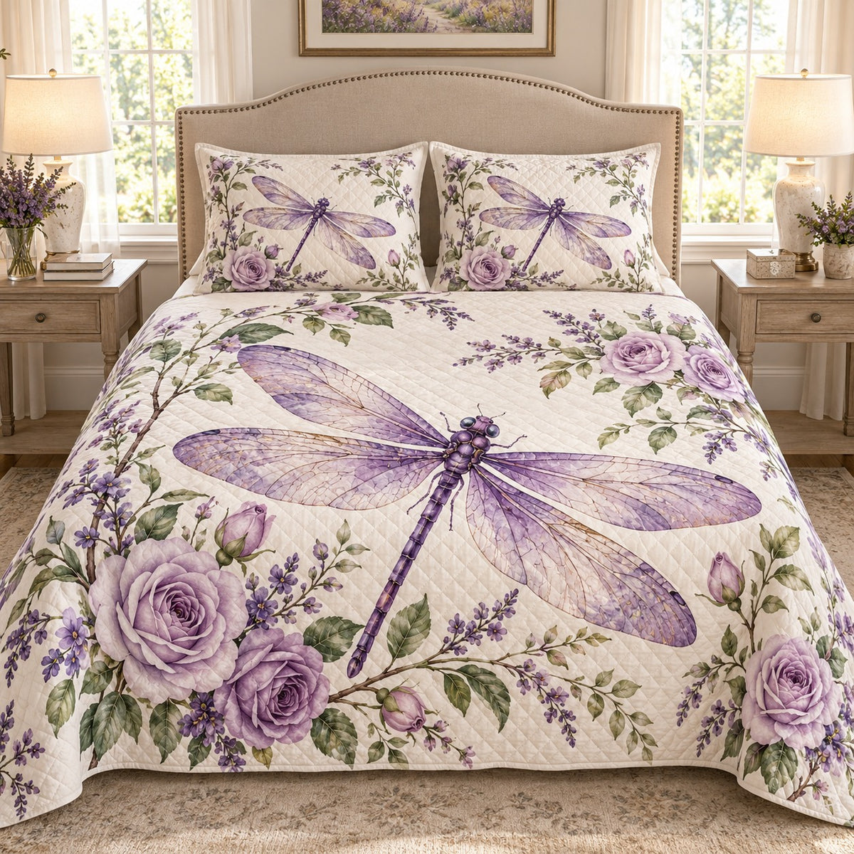 Purple Dragonfly and Roses quilt set, view 1, AI mockup