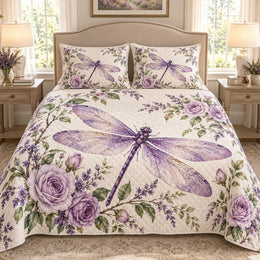 Purple Dragonfly and Roses Quilt Set, Cozy Bedroom Bedding, Gift for Dragonfly Lovers
