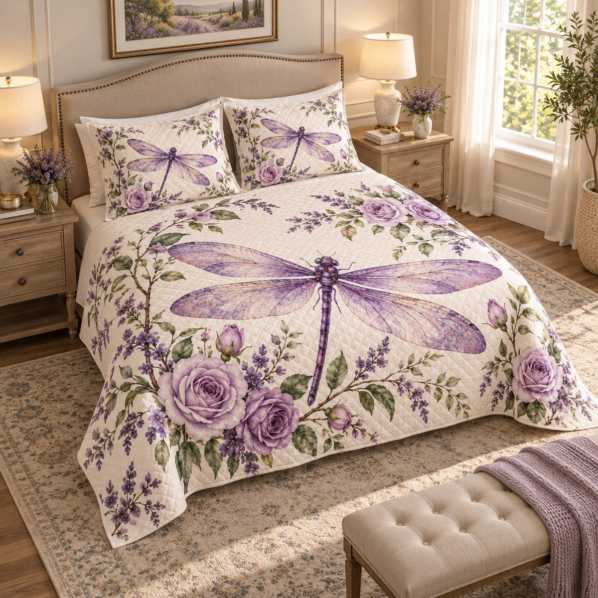 Purple Dragonfly and Roses quilt set, view 2, AI mockup