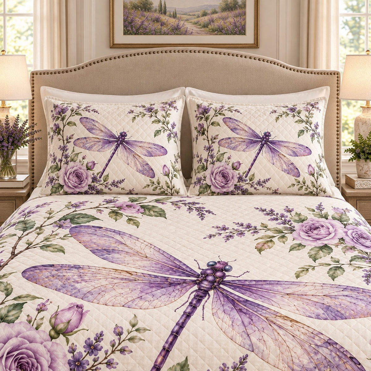 Purple Dragonfly and Roses quilt set, view 3, AI mockup