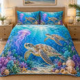 Sea Turtles and Jellyfish Quilt Set, Cozy Bedroom Bedding, Gift for Sea Turtle Lovers
