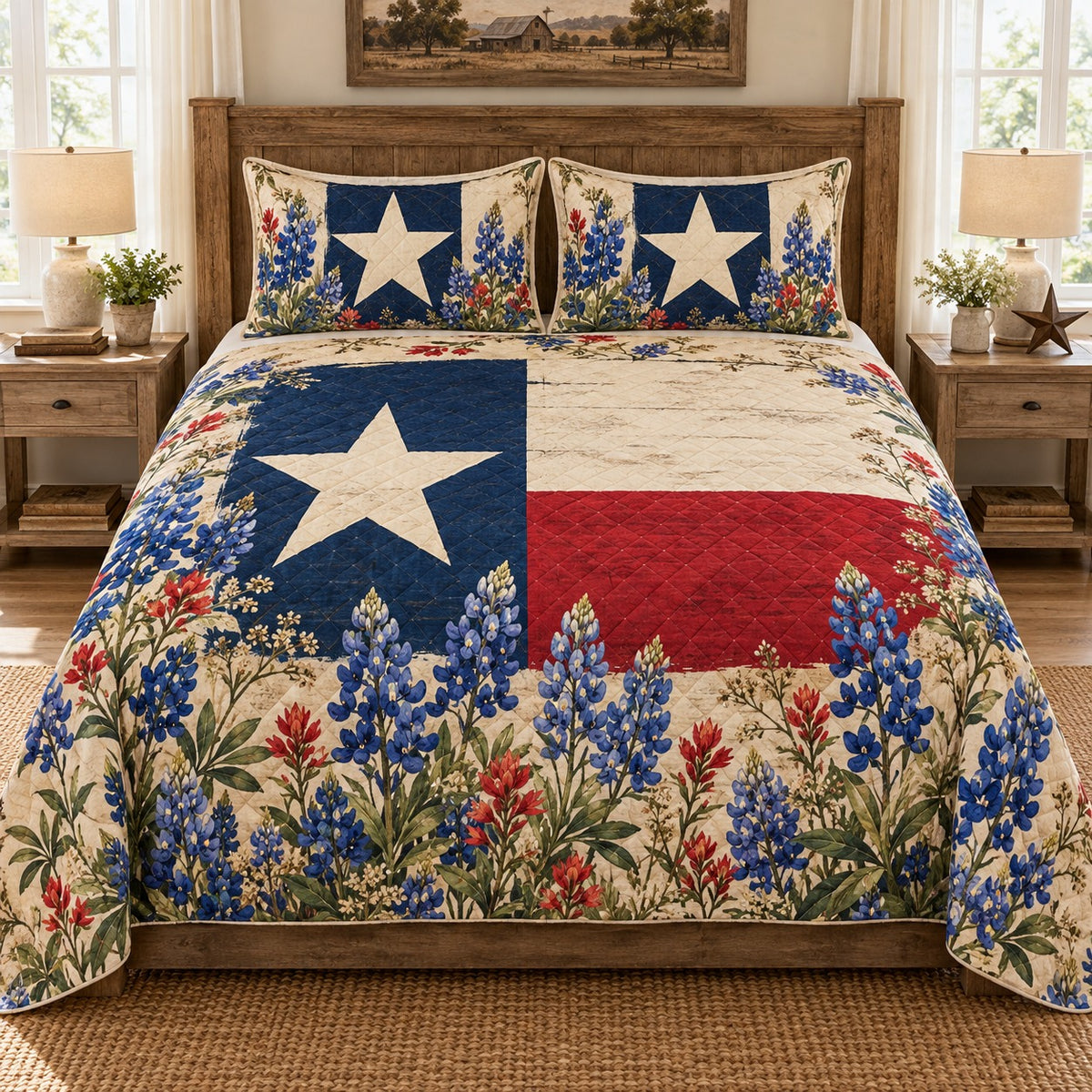 Texas Flag and Bluebonnets quilt set, view 1, AI mockup