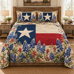 Texas Flag and Bluebonnets Quilt Set, Cozy Bedroom Bedding, Gift for Texas Lovers