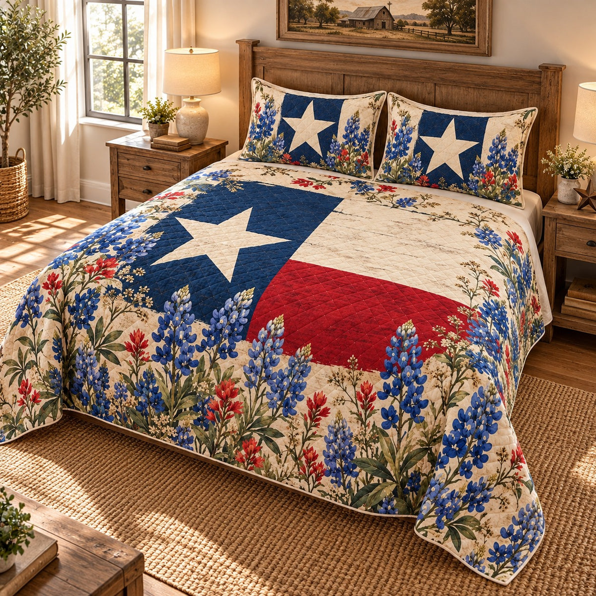 Texas Flag and Bluebonnets quilt set, view 2, AI mockup