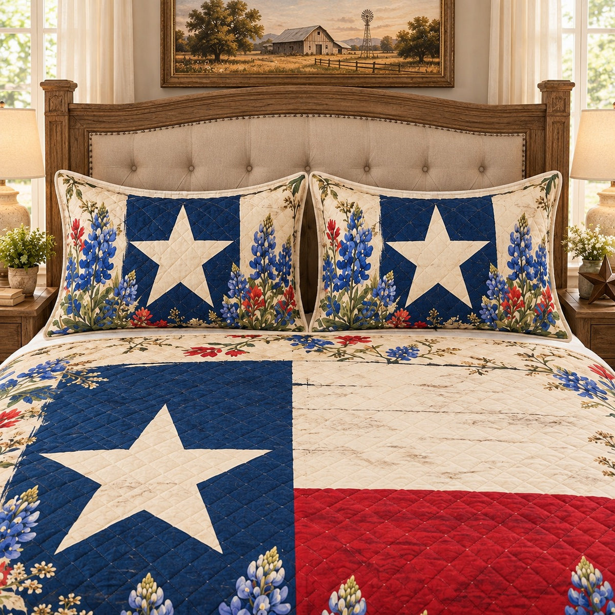 Texas Flag and Bluebonnets quilt set, view 3, AI mockup