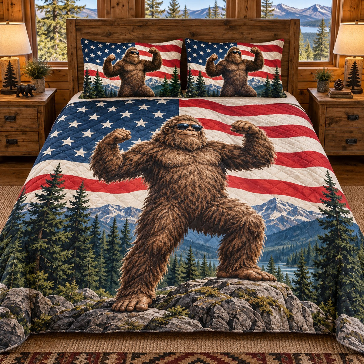 Patriotic Bigfoot and American Flag quilt set, view 1, AI mockup