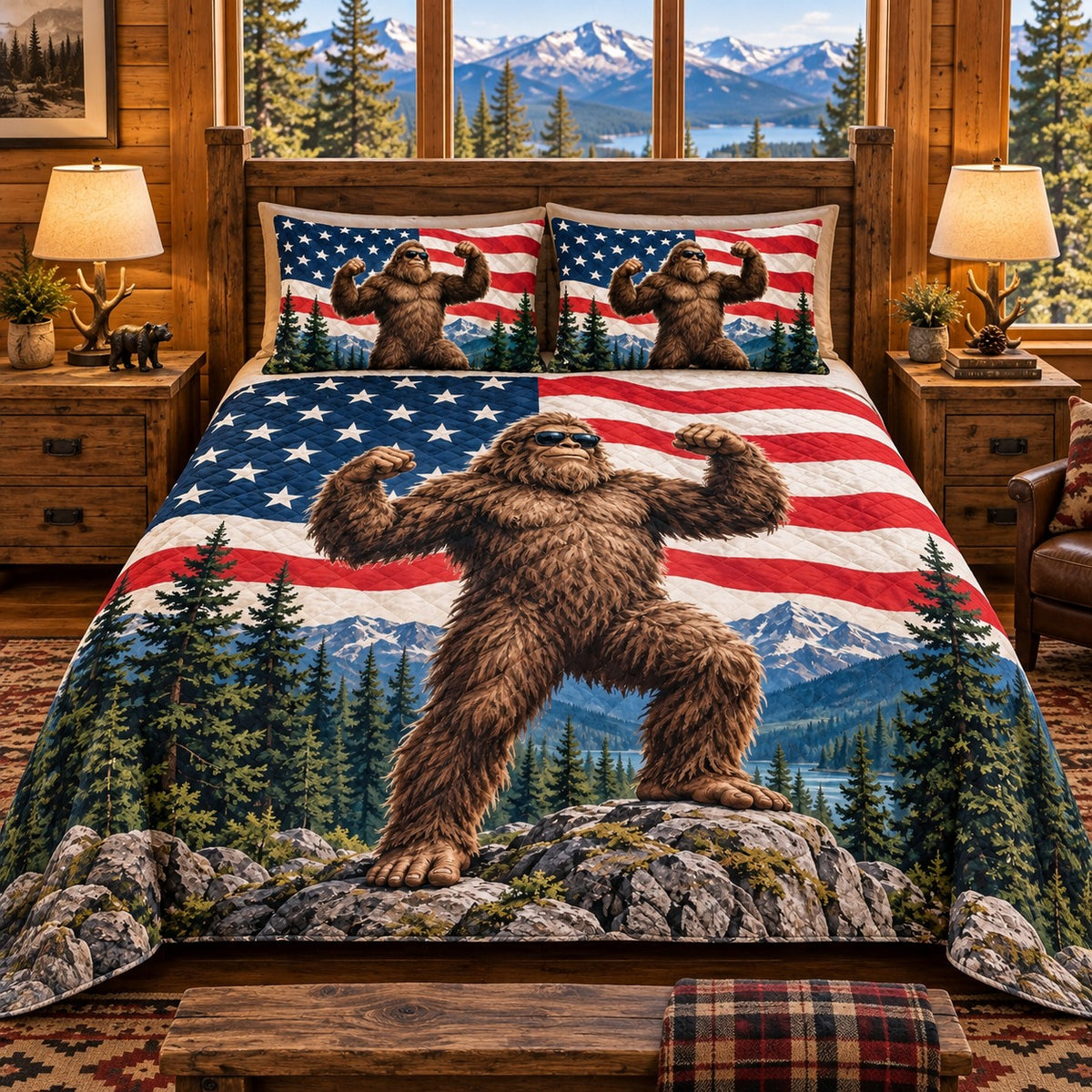 Patriotic Bigfoot and American Flag quilt set, view 2, AI mockup