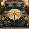 Golden Dragonfly Moon and Flowers Quilt Set, Cozy Bedroom Bedding, Gift for Dragonfly Lovers