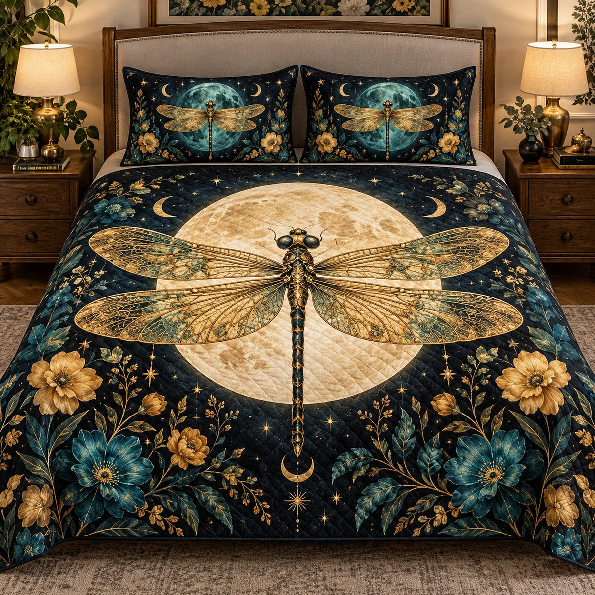 Golden Dragonfly Moon and Flowers quilt set, view 1, AI mockup