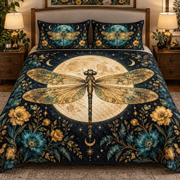 Golden Dragonfly Moon and Flowers Quilt Set, Cozy Bedroom Bedding, Gift for Dragonfly Lovers