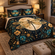 Golden Dragonfly Moon and Flowers quilt set, view 2, AI mockup
