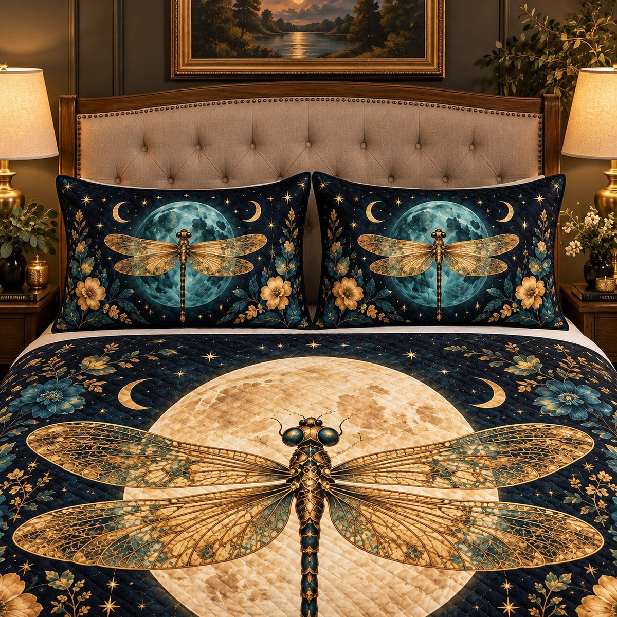 Golden Dragonfly Moon and Flowers quilt set, view 3, AI mockup